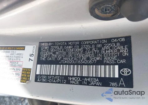 2008 Toyota Prius from USA, damaged, VIN JTDKB20U183420877